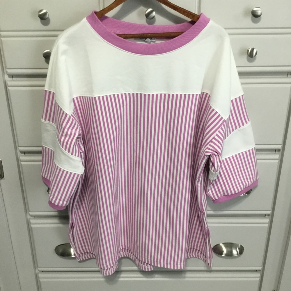 Oversize White Birch Lavender White Stripe Top Size S